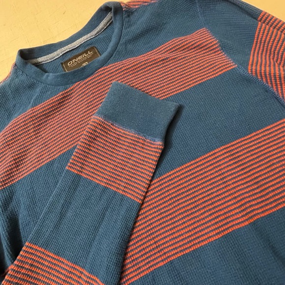 O'Neill Men's Large Blue & Orange Striped Waffle Knit Long Sleeve T-Shirt Top - Picture 1 of 6